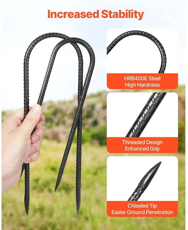 Alt view image 3 of 7 - Rebar Stakes, 12-Inch, Heavy-Duty 0.32 in Diameter U Shape, Galvanized Steel Ground Anchors with Chisel Point End & Rust-Resistant Coating, for Gardening Support, Fence, Camping Tents (8-Pack)