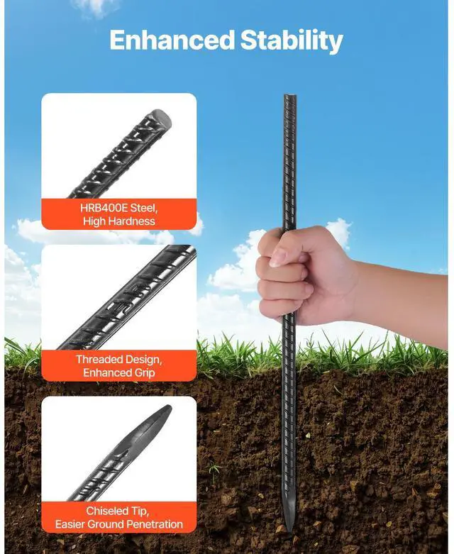 Alt view image 3 of 7 - Rebar Stakes, 16-Inch, Heavy-Duty 0.45 in Diameter, Straight Galvanized Steel Ground Anchors with Chisel Point End & Rust-Resistant Coating, for Gardening Support, Fence, Camping Tents (16-Pack)