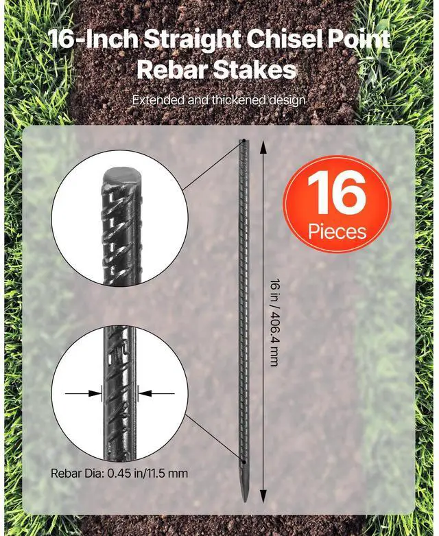 Alt view image 2 of 7 - Rebar Stakes, 16-Inch, Heavy-Duty 0.45 in Diameter, Straight Galvanized Steel Ground Anchors with Chisel Point End & Rust-Resistant Coating, for Gardening Support, Fence, Camping Tents (16-Pack)