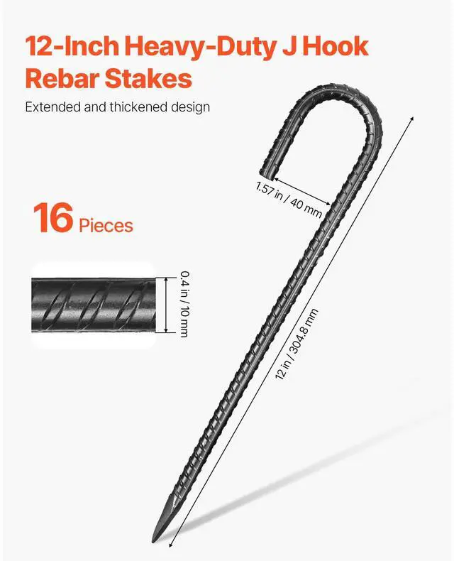 Alt view image 2 of 7 - Rebar Stakes, 12-Inch, Heavy-Duty 0.4 in Diameter J Hook, Galvanized Steel Ground Anchors with Chisel Point End & Rust-Resistant Coating, for Gardening Support, Fence, Camping Tents (16-Pack)