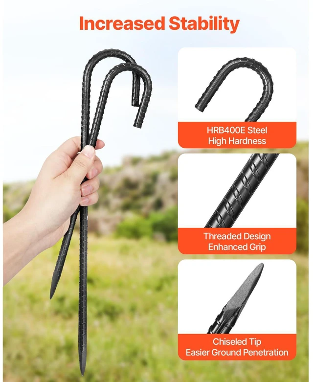 Alt view image 3 of 7 - Rebar Stakes, 12-Inch, Heavy-Duty 0.4 in Diameter J Hook, Galvanized Steel Ground Anchors with Chisel Point End & Rust-Resistant Coating, for Gardening Support, Fence, Camping Tents (16-Pack)
