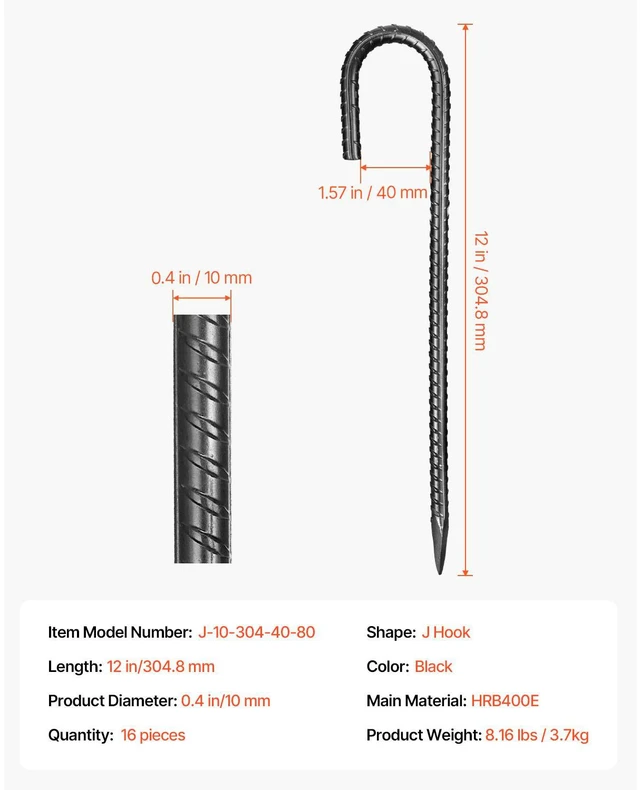Alt view image 7 of 7 - Rebar Stakes, 12-Inch, Heavy-Duty 0.4 in Diameter J Hook, Galvanized Steel Ground Anchors with Chisel Point End & Rust-Resistant Coating, for Gardening Support, Fence, Camping Tents (16-Pack)