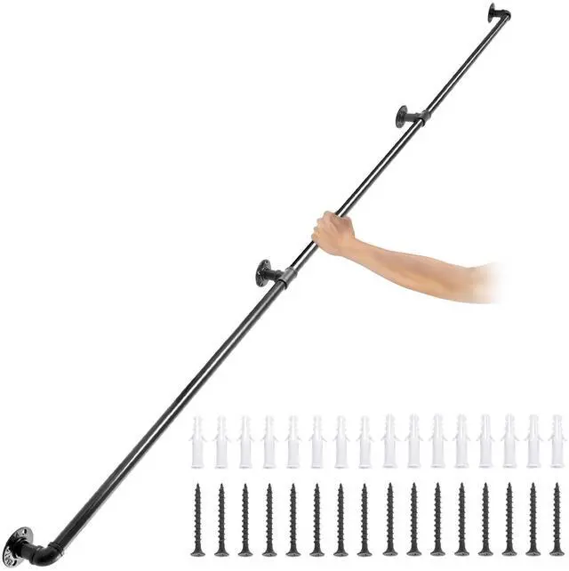Main image of Pipe Stair Handrail, 10FT Staircase Handrail, 440LBS Load Capacity Carbon Steel Pipe Handrail, Industrial Pipe Handrail with Wall Mount Support, Round Corner Wall Handrailing for Indoor, Outdoor