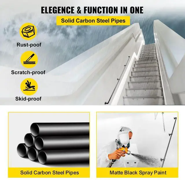 Alt view image 3 of 7 - Pipe Stair Handrail, 10FT Staircase Handrail, 440LBS Load Capacity Carbon Steel Pipe Handrail, Industrial Pipe Handrail with Wall Mount Support, Round Corner Wall Handrailing for Indoor, Outdoor
