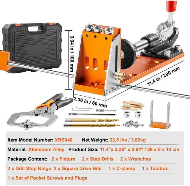 Alt view image 7 of 7 - Pocket Hole Jig Kit, 34 Pcs Pocket Hole Jig System with 11" C-clamp, Fixture, Step Drills, Wrenches, Drill Stop Rings, Square Drive Bits, Toolbox, Adjustable, for DIY Carpentry Projects