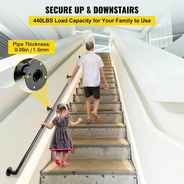Alt view image 2 of 7 - Pipe Stair Handrail, 10FT Staircase Handrail, 440LBS Load Capacity Carbon Steel Pipe Handrail, Industrial Pipe Handrail with Wall Mount Support, Round Corner Wall Handrailing for Indoor, Outdoor