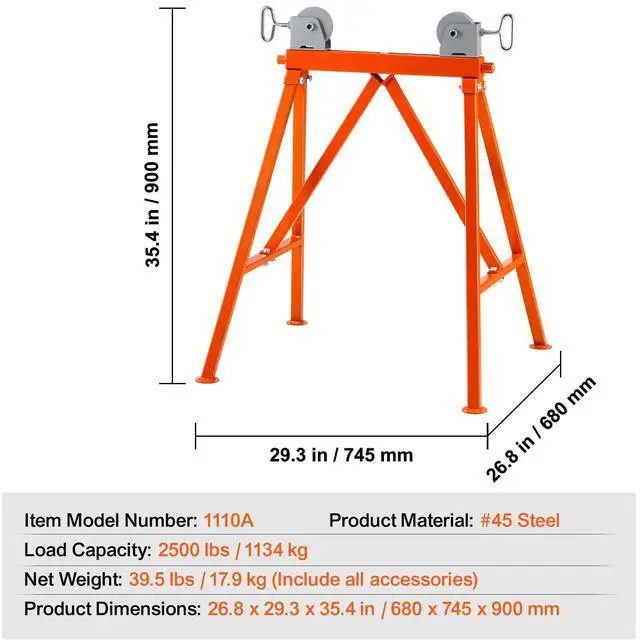 Alt view image 7 of 7 - Pipe Stand with Roller Head 2500 LBS Load for 2-36 inches Pipes 45# Steel