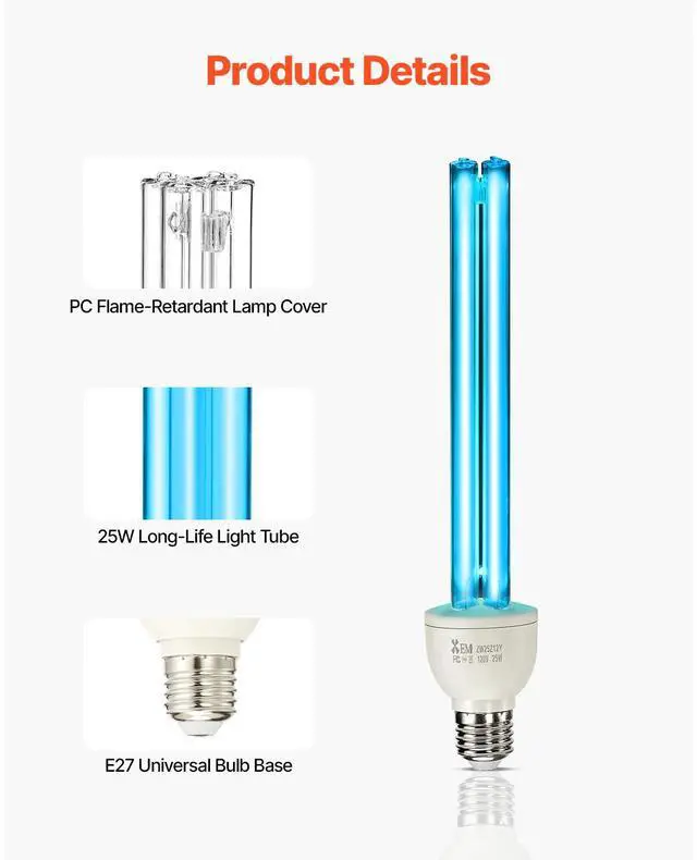 Alt view image 2 of 7 - UV Light Bulb, 2 Pack, 25W Replacement Ultraviolet UVC Lamp with Ozone, 253.7 nm + 185 nm Wavelength UVO Light Bulb, E27 Universal, for 400 sqft Living Room, Classroom, Office, Restaurant