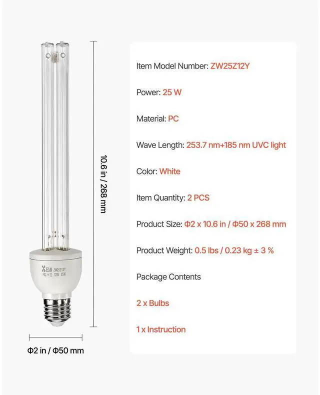 Alt view image 7 of 7 - UV Light Bulb, 2 Pack, 25W Replacement Ultraviolet UVC Lamp with Ozone, 253.7 nm + 185 nm Wavelength UVO Light Bulb, E27 Universal, for 400 sqft Living Room, Classroom, Office, Restaurant