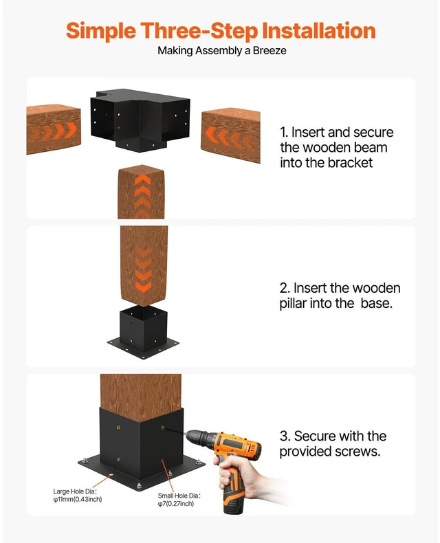 Alt view image 13 of 15 - VEVOR Pergola Bracket Kit 6''x6'', 4pcs 4-Way Heavy Duty Corner Bracket Woodworks DIY Post Base Kit, Easy Installation Wooden Beams for Gazebos, Patio Pergolas, Log Cabin Outdoor Pergola Hardware