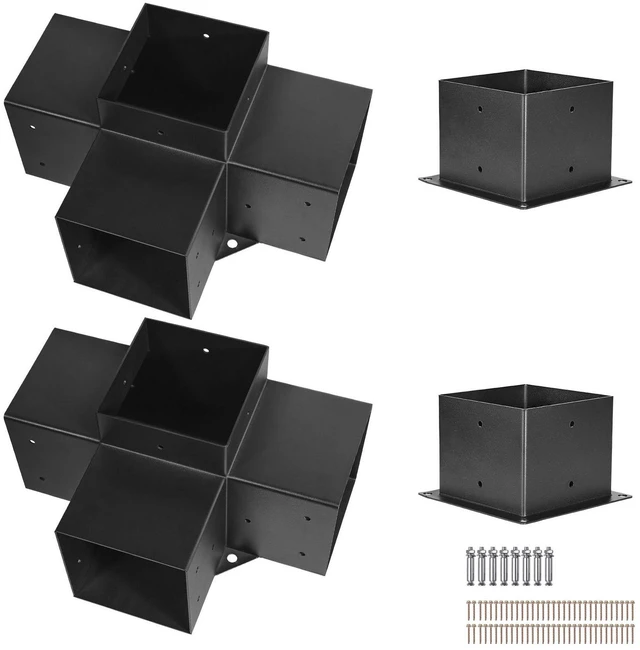 Alt view image 8 of 15 - VEVOR Pergola Bracket Kit 6''x6'', 4pcs 4-Way Heavy Duty Corner Bracket Woodworks DIY Post Base Kit, Easy Installation Wooden Beams for Gazebos, Patio Pergolas, Log Cabin Outdoor Pergola Hardware