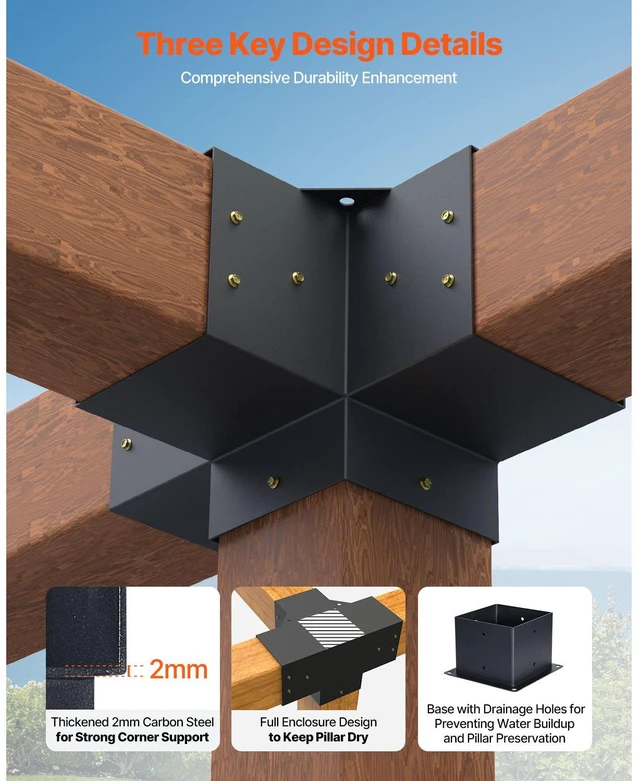 Alt view image 10 of 15 - VEVOR Pergola Bracket Kit 6''x6'', 4pcs 4-Way Heavy Duty Corner Bracket Woodworks DIY Post Base Kit, Easy Installation Wooden Beams for Gazebos, Patio Pergolas, Log Cabin Outdoor Pergola Hardware