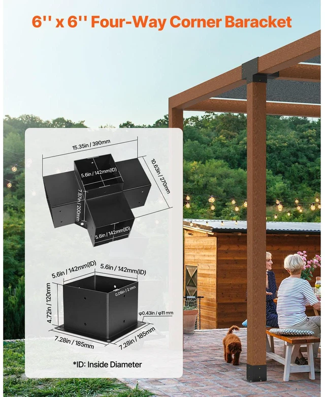Alt view image 9 of 15 - VEVOR Pergola Bracket Kit 6''x6'', 4pcs 4-Way Heavy Duty Corner Bracket Woodworks DIY Post Base Kit, Easy Installation Wooden Beams for Gazebos, Patio Pergolas, Log Cabin Outdoor Pergola Hardware