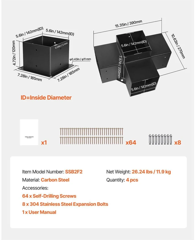Alt view image 14 of 15 - VEVOR Pergola Bracket Kit 6''x6'', 4pcs 4-Way Heavy Duty Corner Bracket Woodworks DIY Post Base Kit, Easy Installation Wooden Beams for Gazebos, Patio Pergolas, Log Cabin Outdoor Pergola Hardware