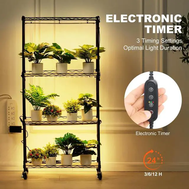 Alt view image 3 of 7 - Plant Stand with Grow Light, 4-Tier Plant Shelf with 45W Full Spectrum Grow Light, 3 Mode Plant Light with Timer and Wheel for Seed Starting, Metal Grow Light Shelf for Indoor Plants