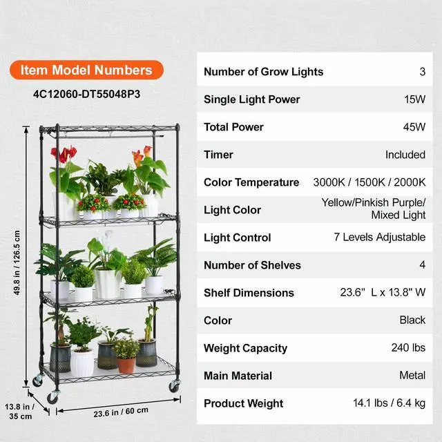 Alt view image 7 of 7 - Plant Stand with Grow Light, 4-Tier Plant Shelf with 45W Full Spectrum Grow Light, 3 Mode Plant Light with Timer and Wheel for Seed Starting, Metal Grow Light Shelf for Indoor Plants