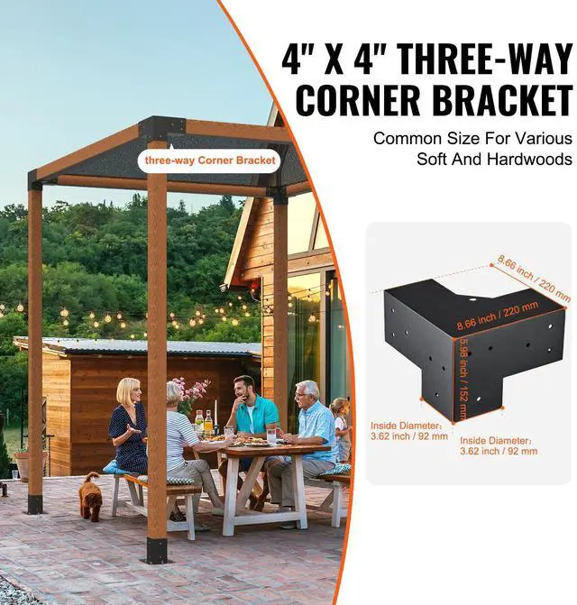 Alt view image 2 of 7 - Pergola Bracket Kit 4''x4''(Inner Size 3.6x3.6), 4pcs 3-Way Heavy Duty Corner Bracket Woodworks DIY Post Base Kit, Easy Installation Wooden Beams for Gazebos, Patio Pergolas, Log Cabin Outdoor
