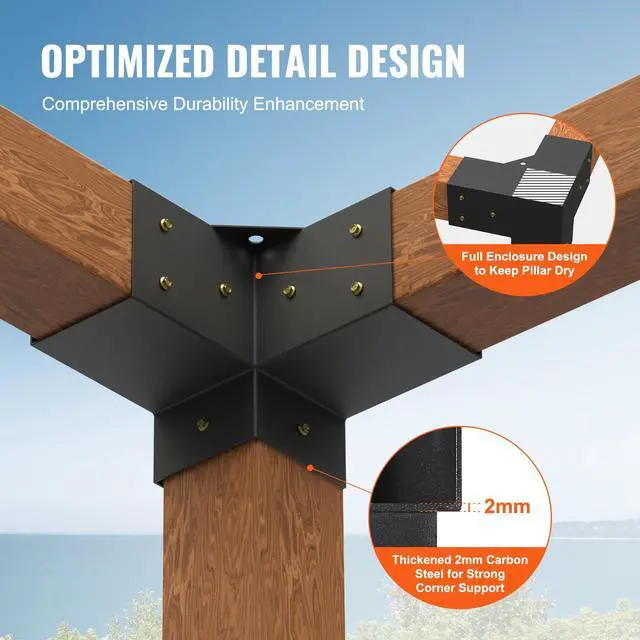 Alt view image 3 of 7 - Pergola Bracket Kit 4''x4''(Inner Size 3.6x3.6), 4pcs 3-Way Heavy Duty Corner Bracket Woodworks DIY Post Base Kit, Easy Installation Wooden Beams for Gazebos, Patio Pergolas, Log Cabin Outdoor