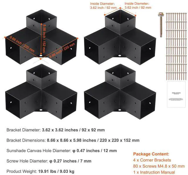 Alt view image 7 of 7 - Pergola Bracket Kit 4''x4''(Inner Size 3.6x3.6), 4pcs 3-Way Heavy Duty Corner Bracket Woodworks DIY Post Base Kit, Easy Installation Wooden Beams for Gazebos, Patio Pergolas, Log Cabin Outdoor