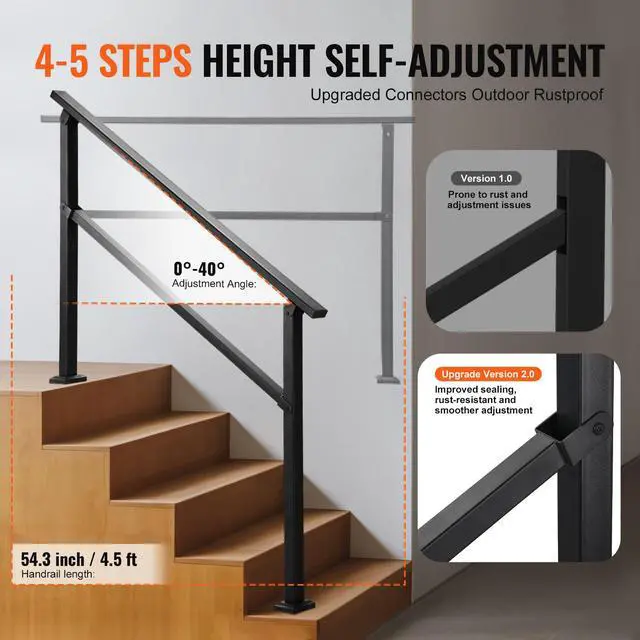 Alt view image 3 of 7 - Outdoor Handrails for Steps, 4-5 Step Stair Rail Kit, Black Square Tube with Horizontal Bar, Carbon Steel Support Rails for Seniors, Concrete & Deck Stairs, Easy Installation