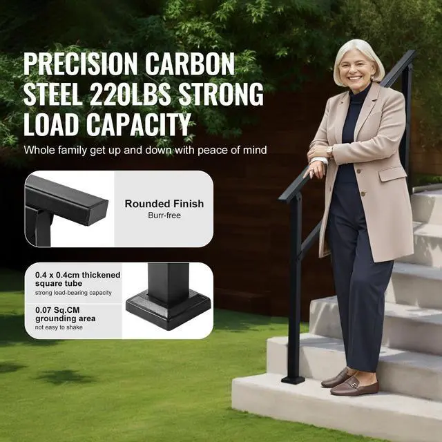 Alt view image 2 of 7 - Outdoor Handrails for Steps, 4-5 Step Stair Rail Kit, Black Square Tube with Horizontal Bar, Carbon Steel Support Rails for Seniors, Concrete & Deck Stairs, Easy Installation