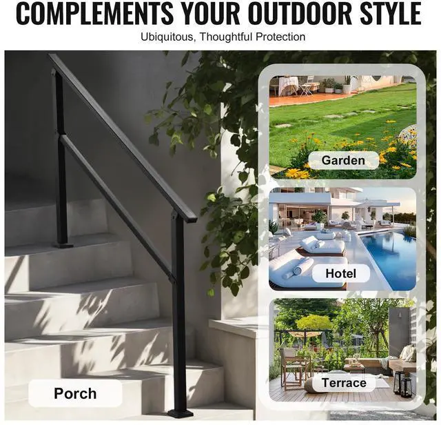 Alt view image 6 of 7 - Outdoor Handrails for Steps, 4-5 Step Stair Rail Kit, Black Square Tube with Horizontal Bar, Carbon Steel Support Rails for Seniors, Concrete & Deck Stairs, Easy Installation