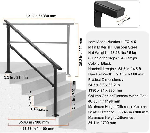 Alt view image 7 of 7 - Outdoor Handrails for Steps, 4-5 Step Stair Rail Kit, Black Square Tube with Horizontal Bar, Carbon Steel Support Rails for Seniors, Concrete & Deck Stairs, Easy Installation
