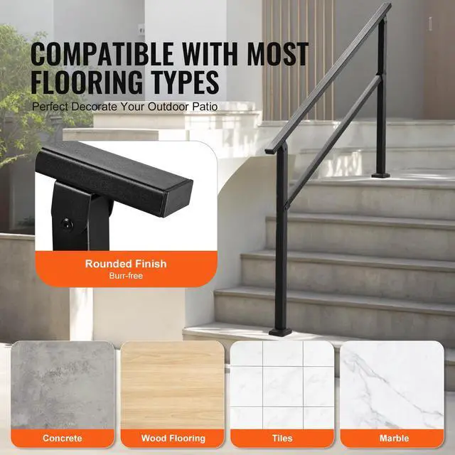 Alt view image 5 of 7 - Outdoor Handrails for Steps, 4-5 Step Stair Rail Kit, Black Square Tube with Horizontal Bar, Carbon Steel Support Rails for Seniors, Concrete & Deck Stairs, Easy Installation
