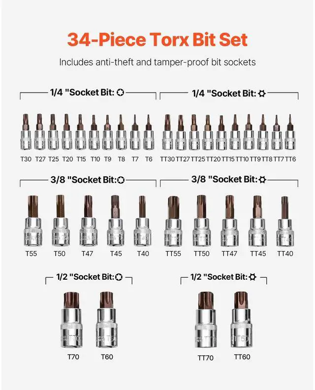 Alt view image 3 of 7 - Torx Bit Socket Set, 34-Piece Solid Star and Tamper Proof T6-T70, S2 Alloy Steel and Cr-V Steel, 1/4 in, 3/8 in, and 1/2 in Drives, with Enhanced Storage Case, Torx Sockets for Hand Use