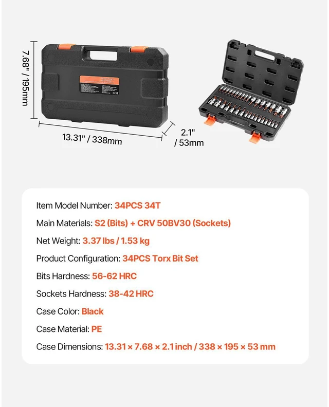 Alt view image 7 of 7 - Torx Bit Socket Set, 34-Piece Solid Star and Tamper Proof T6-T70, S2 Alloy Steel and Cr-V Steel, 1/4 in, 3/8 in, and 1/2 in Drives, with Enhanced Storage Case, Torx Sockets for Hand Use