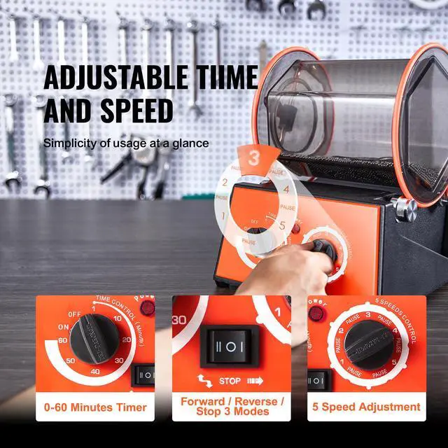 Alt view image 4 of 7 - Jewelry Polisher Tumbler, 6.6lbs/3kg Capacity Mini Rotary Tumbler Machine with 0-60 Minutes Timer, 5 Speeds Jewelry Rotary Finisher for Surface Polishing Grinding Buffing Gemstones Jewels Coins