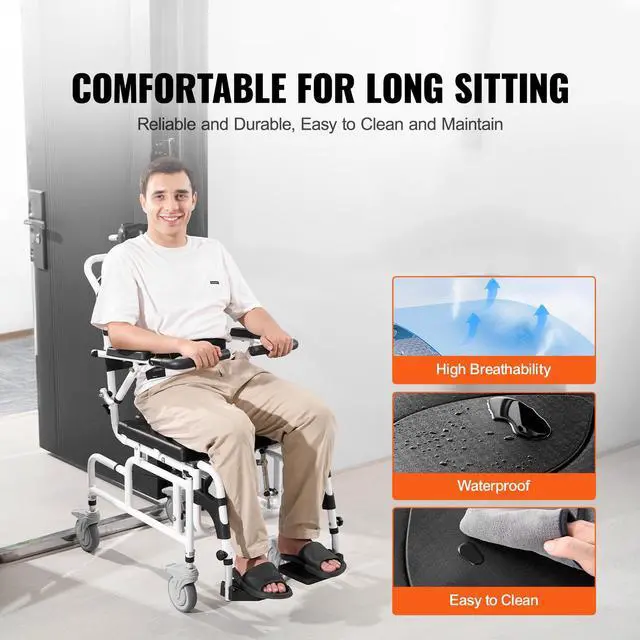 Alt view image 4 of 7 - Shower Wheelchair, 17.5in Width Aluminum Alloy Bathroom Wheelchair for Inside Shower, Adjustable Rolling Shower Chair w/ Brake for Disabled Adult, 300 lbs Capacity Shower Transport Chair