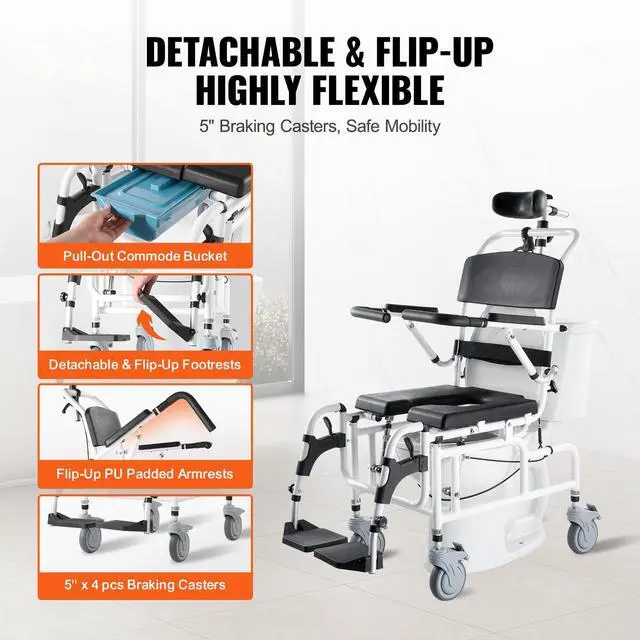 Alt view image 5 of 7 - Shower Wheelchair, 17.5in Width Aluminum Alloy Bathroom Wheelchair for Inside Shower, Adjustable Rolling Shower Chair w/ Brake for Disabled Adult, 300 lbs Capacity Shower Transport Chair