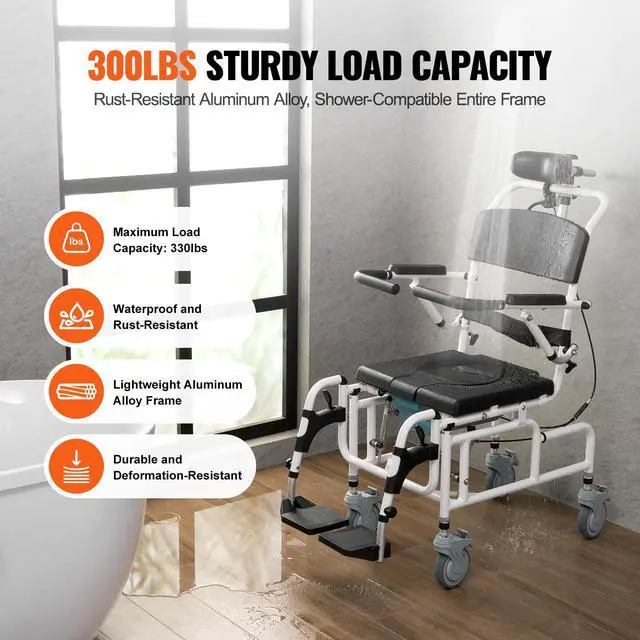 Alt view image 3 of 7 - Shower Wheelchair, 17.5in Width Aluminum Alloy Bathroom Wheelchair for Inside Shower, Adjustable Rolling Shower Chair w/ Brake for Disabled Adult, 300 lbs Capacity Shower Transport Chair