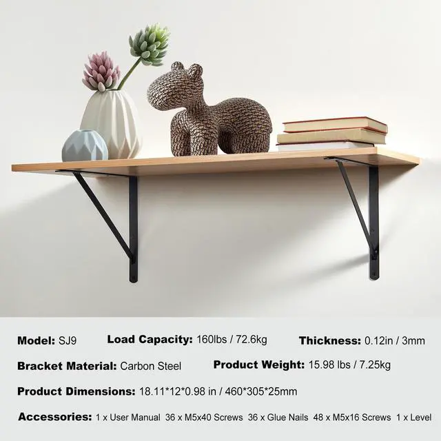 Alt view image 7 of 7 - Shelf Bracket, 18 x 12 in 12 Pcs, Heavy Duty Floating Shelf Brackets, Brackets for Shelves, 3mm Thick Matte Black Triangle Shelf Bracket,Steel Shelving Brackets with 160 lbs Load Capacity