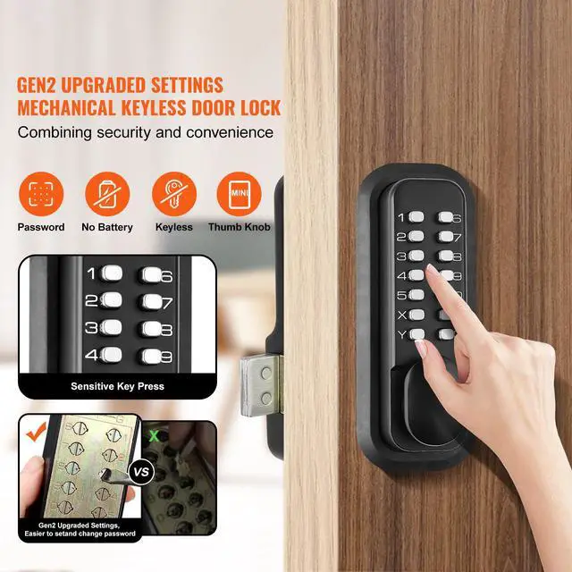 Alt view image 2 of 7 - Mechanical Keyless Entry Door Lock, 14 Digit Keypad, Outdoor Gate Door Locks Set with Surface-mounted Latch, Water-proof Zinc Alloy, Keypad and Knob, Easy to Install, for Garden, Garage, Yard