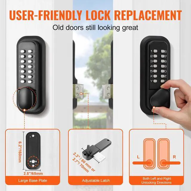 Alt view image 4 of 7 - Mechanical Keyless Entry Door Lock, 14 Digit Keypad, Outdoor Gate Door Locks Set with Surface-mounted Latch, Water-proof Zinc Alloy, Keypad and Knob, Easy to Install, for Garden, Garage, Yard