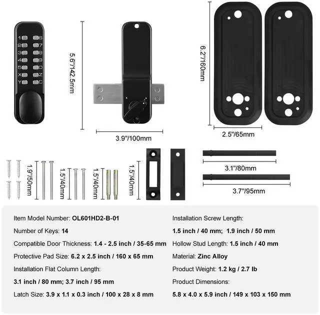 Alt view image 7 of 7 - Mechanical Keyless Entry Door Lock, 14 Digit Keypad, Outdoor Gate Door Locks Set with Surface-mounted Latch, Water-proof Zinc Alloy, Keypad and Knob, Easy to Install, for Garden, Garage, Yard
