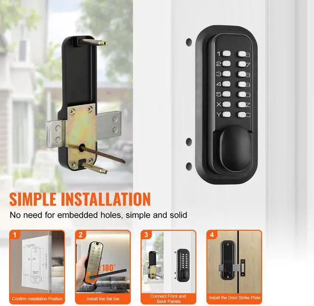 Alt view image 5 of 7 - Mechanical Keyless Entry Door Lock, 14 Digit Keypad, Outdoor Gate Door Locks Set with Surface-mounted Latch, Water-proof Zinc Alloy, Keypad and Knob, Easy to Install, for Garden, Garage, Yard