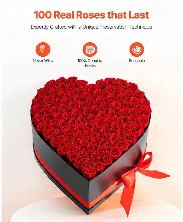 Alt view image 3 of 8 - VEVOR Forever Flowers, 100 Preserved Roses in a Heart Shape Box, Eternal Flowers Immortal Bouquet Birthday Present for Women Her Wife Mothers, Anniversary, Valentine's Day,Christmas, Red