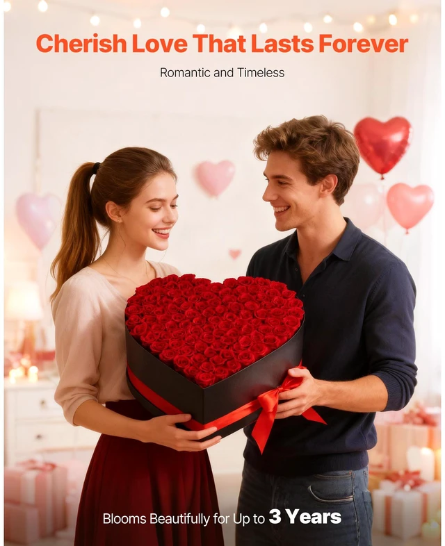 Alt view image 4 of 8 - VEVOR Forever Flowers, 100 Preserved Roses in a Heart Shape Box, Eternal Flowers Immortal Bouquet Birthday Present for Women Her Wife Mothers, Anniversary, Valentine's Day,Christmas, Red