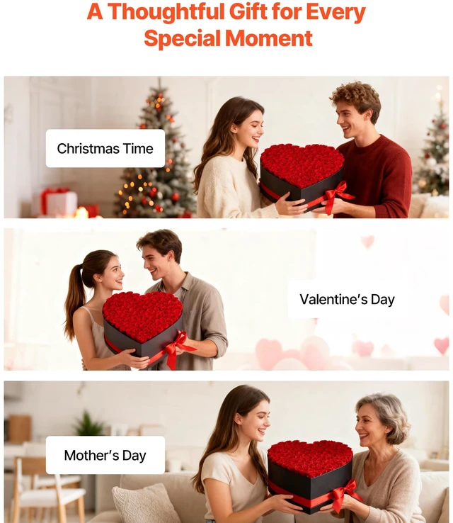 Alt view image 6 of 8 - VEVOR Forever Flowers, 100 Preserved Roses in a Heart Shape Box, Eternal Flowers Immortal Bouquet Birthday Present for Women Her Wife Mothers, Anniversary, Valentine's Day,Christmas, Red