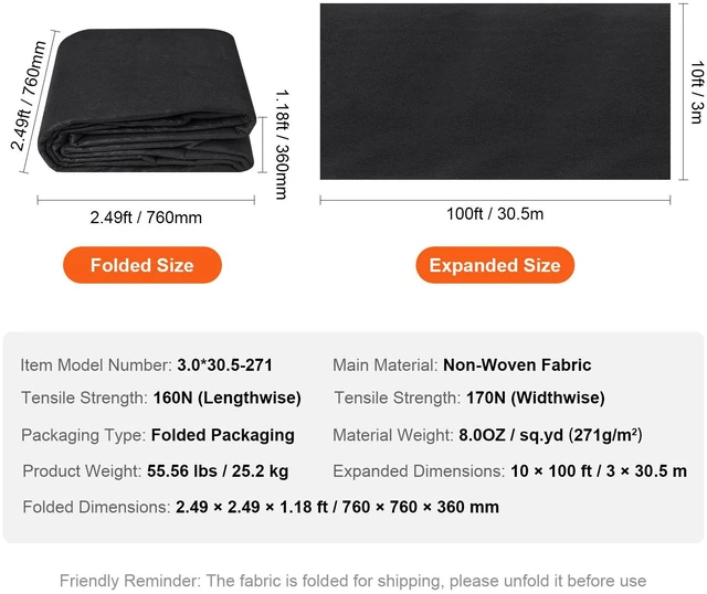Alt view image 7 of 7 - VEVOR Non-Woven Geotextile Fabric 10x100FT 8OZ Ground Cover Weed Control Fabric