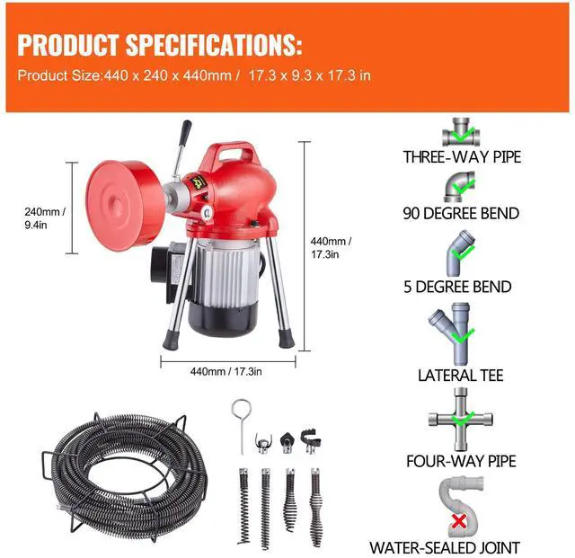 Alt view image 7 of 7 - Drain Cleaner Machine 66FT x 5/8 Inch, 250W Electric Sewer Snake Auger Manual Feed - with 2 Sectional Steel Cables (66' x 5/8" and 15' x 3/8"), 7 Cutters and CW/CCW Control for 1.6" to 4" Pipes