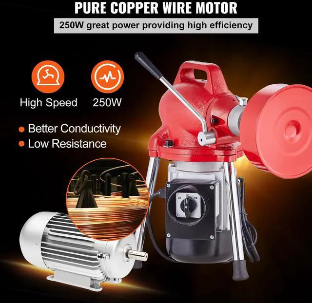 Alt view image 5 of 7 - Drain Cleaner Machine 66FT x 5/8 Inch, 250W Electric Sewer Snake Auger Manual Feed - with 2 Sectional Steel Cables (66' x 5/8" and 15' x 3/8"), 7 Cutters and CW/CCW Control for 1.6" to 4" Pipes