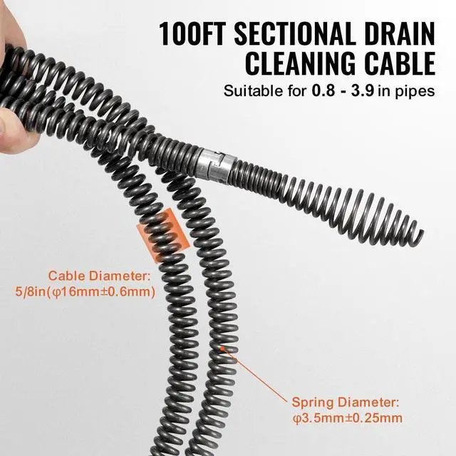 Alt view image 2 of 7 - Drain Cleaning Cable 100 FT x 5/8 Inch, Professional Sectional Drain Cleaner Cable with 7 Cutters for 0.8" to 3.9" Pipes, Hollow Core Sewer Drain Auger Cable for Sink, Floor Drain, Toilet