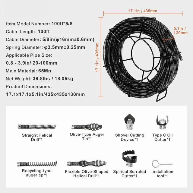 Alt view image 7 of 7 - Drain Cleaning Cable 100 FT x 5/8 Inch, Professional Sectional Drain Cleaner Cable with 7 Cutters for 0.8" to 3.9" Pipes, Hollow Core Sewer Drain Auger Cable for Sink, Floor Drain, Toilet