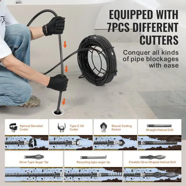 Alt view image 4 of 7 - Drain Cleaning Cable 100 FT x 5/8 Inch, Professional Sectional Drain Cleaner Cable with 7 Cutters for 0.8" to 3.9" Pipes, Hollow Core Sewer Drain Auger Cable for Sink, Floor Drain, Toilet