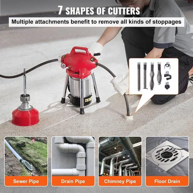 Alt view image 4 of 7 - Drain Cleaner Machine 66FT x 5/8 Inch, 250W Electric Sewer Snake Auger Manual Feed - with 2 Sectional Steel Cables (66' x 5/8" and 15' x 3/8"), 7 Cutters and CW/CCW Control for 1.6" to 4" Pipes