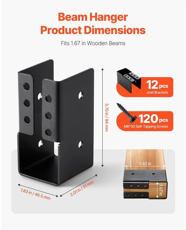 Alt view image 2 of 7 - Concealed Joist Hanger, 2x4 Inch Outdoor Concealed-Flange Joist Bracket with Screws, Steel Light Joist Hangers for 1.93 x 3.62 Inch / 49 x 92 mm Beam, Swing, Fence, Wooden Slides, 12 Pcs